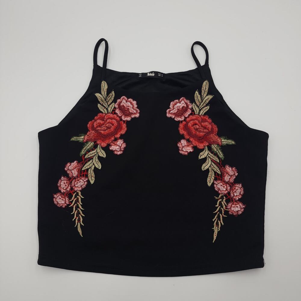 Shein Black Floral Embroidered Cropped Tank Size M